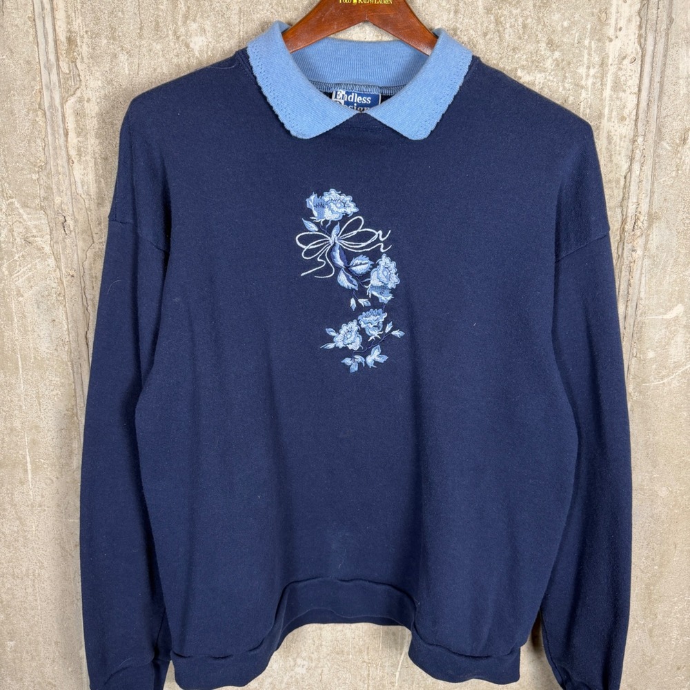 Endless‎ Designs Vintage Navy Blue Floral Embroidered Collared Sweatshirt Large